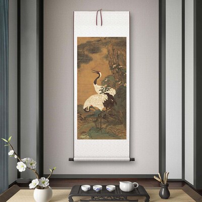 明代童垲《松鹤延年图》客厅书房茶室装饰画挂画玄关水墨高清卷轴
