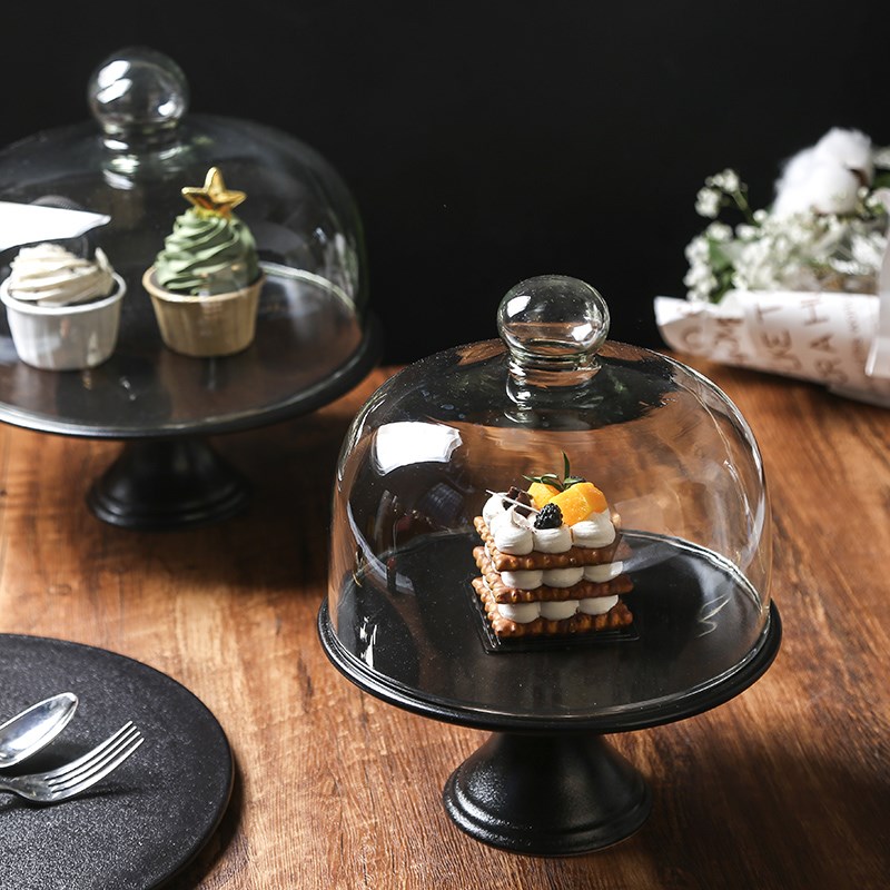 蛋糕托盘高脚面包盘玻璃罩水果盘黑色下午茶点心盘宴会甜品展示架