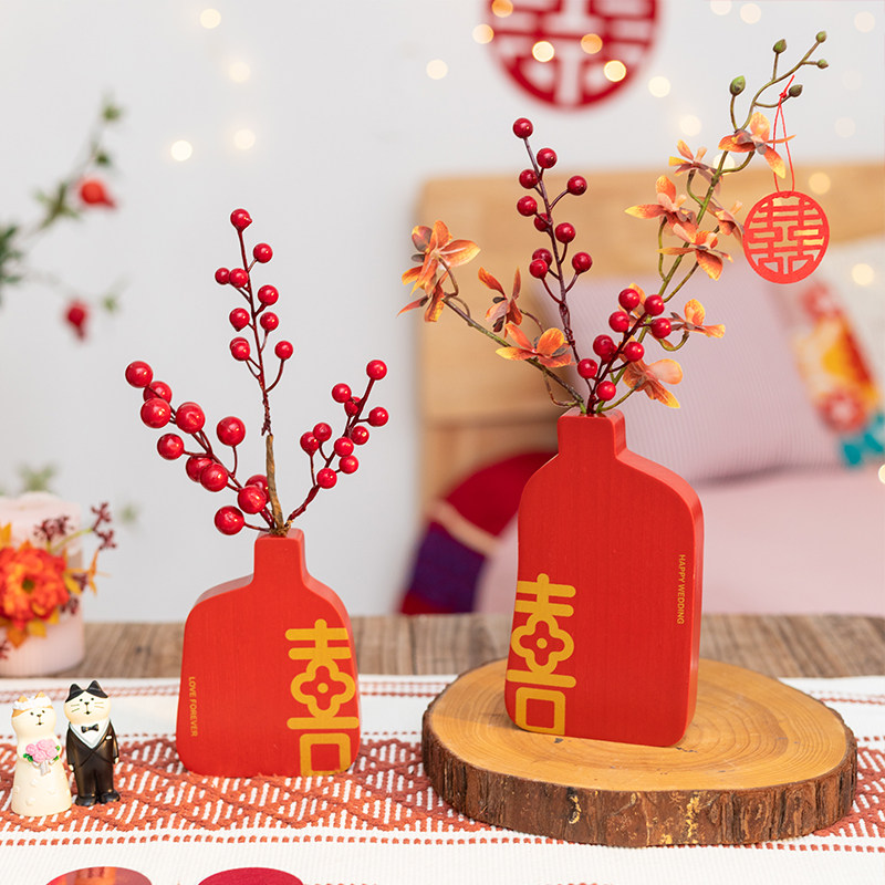 良订 高级感红色结婚花瓶摆件一对订婚花束客厅假花婚房布置绢花