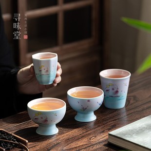 紫粉釉小胖兔茶杯品茗杯女生主人杯高脚杯女士家用陶瓷功夫茶具