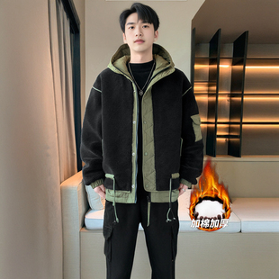 男士羊羔毛绒外套连帽加厚工装棉衣学生保暖棉服冬季棉袄男款冬装