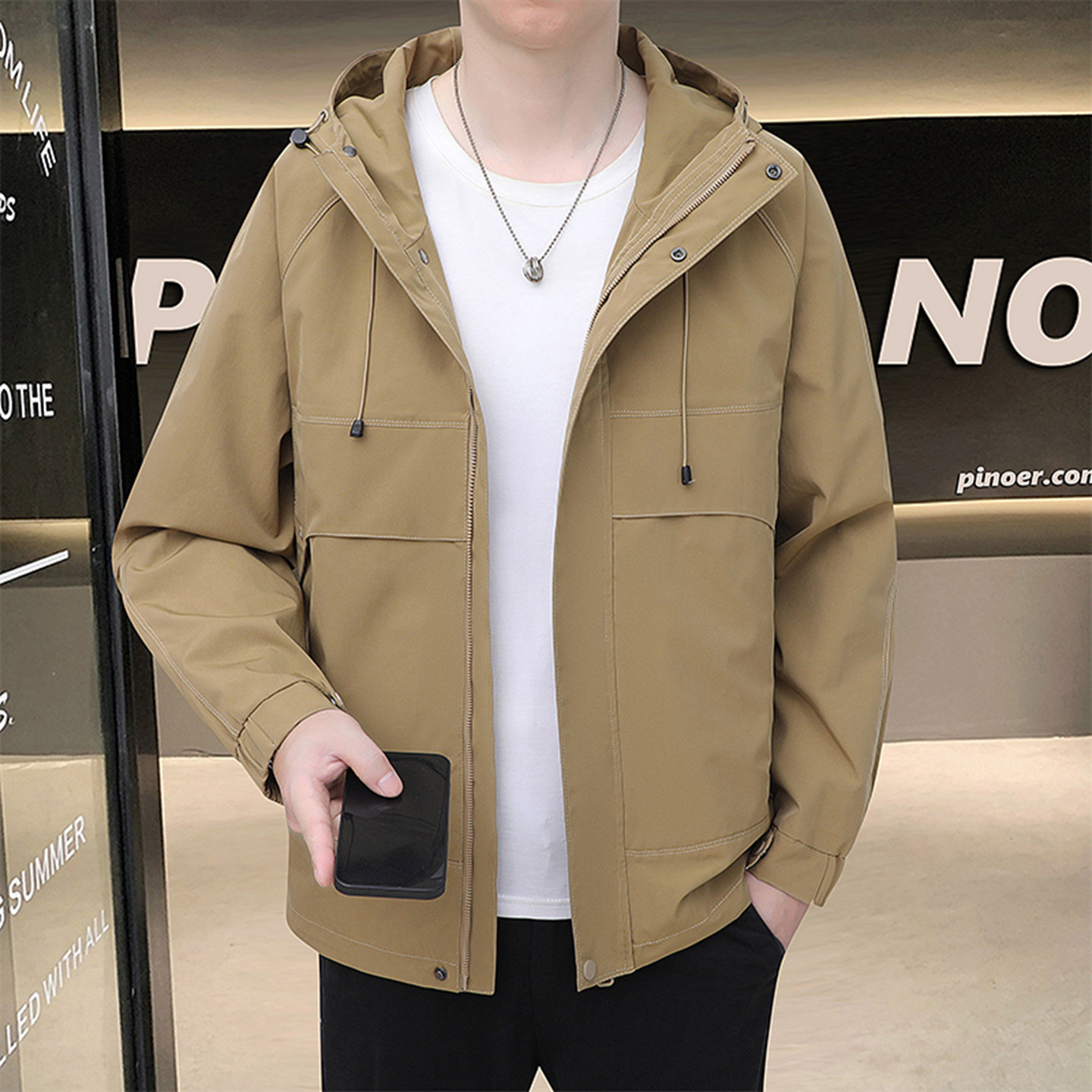 工装风连帽夹克男春秋防风多口袋冲锋衣外套薄款单冲防风防水男装,男装,夹克,淘宝优惠券,粉丝福利购,淘宝优惠卷