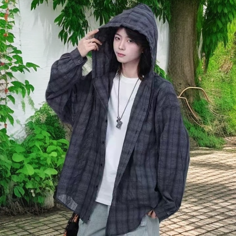 连帽防晒衬衫女开衫外搭衬衣夏季轻薄外套宽松慵懒风休闲格子上衣