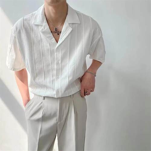条纹衬衫2026夏季男潮牌休闲高级感寸衫白色新款薄款短袖衬衣男