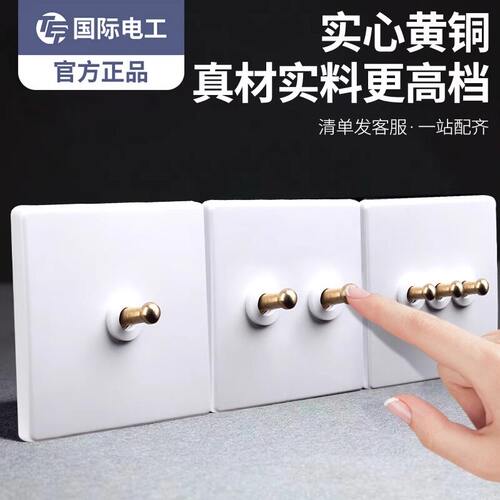 哑白极简风黄铜拨杆复古开关插座