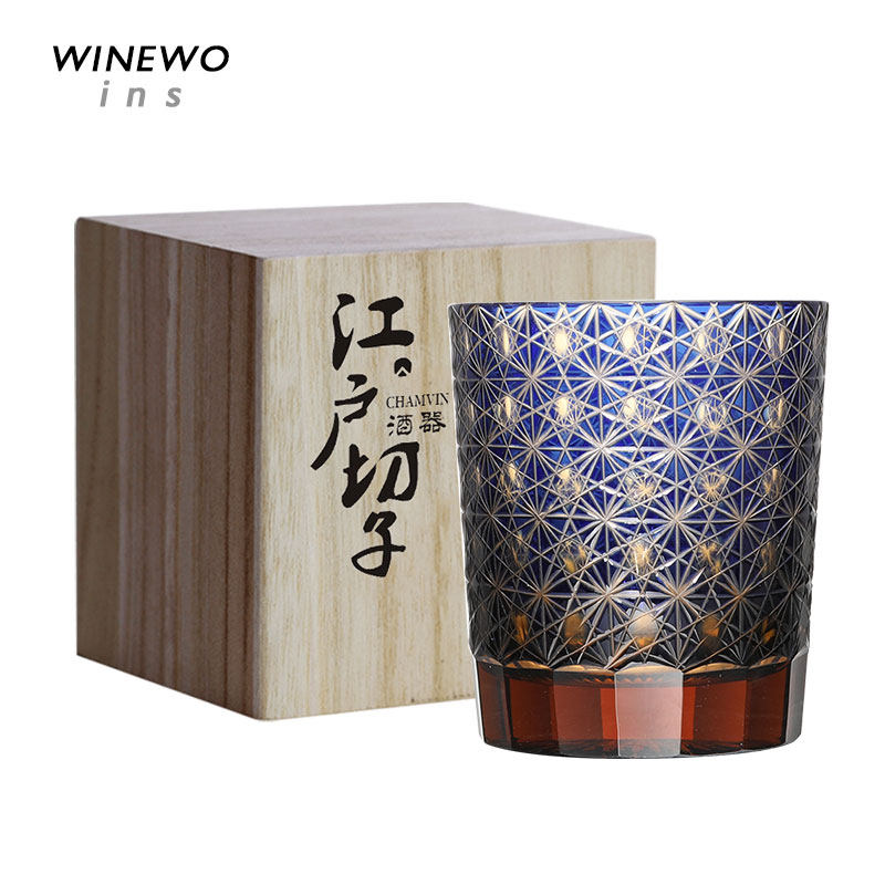 /蓝水似蓝 日夜长潺潺中古江户切子琥珀蓝 水晶手工切割酒杯杯子