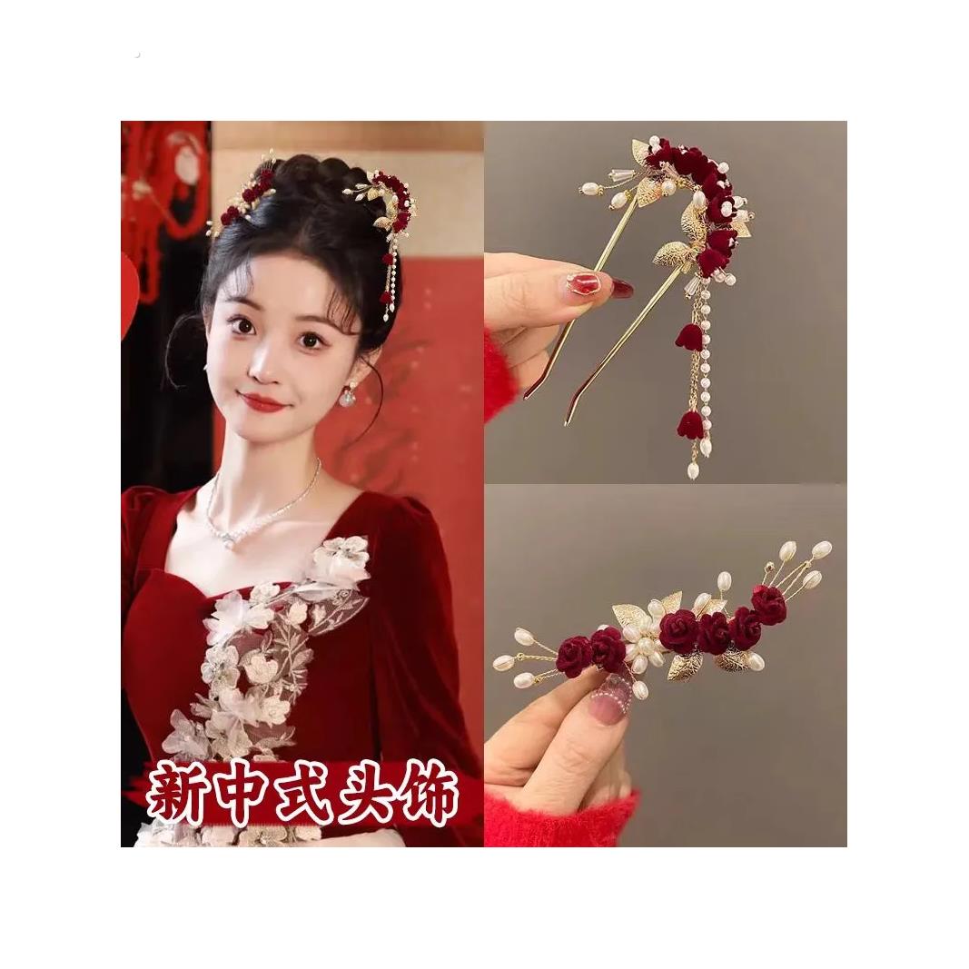 覆古小发夹边夹侧边流苏红色花朵夹子古风发饰古典旗袍新娘发簪女
