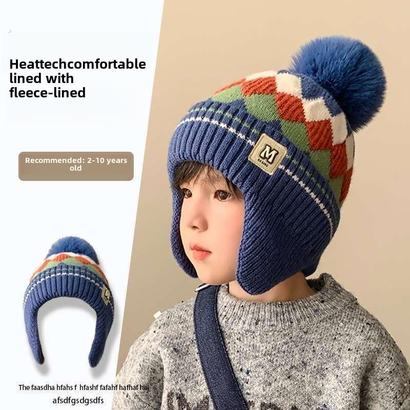 温暖的儿童帽秋冬韩式男孩的钻石针织羊毛帽女孩的天鹅绒套头衫婴
