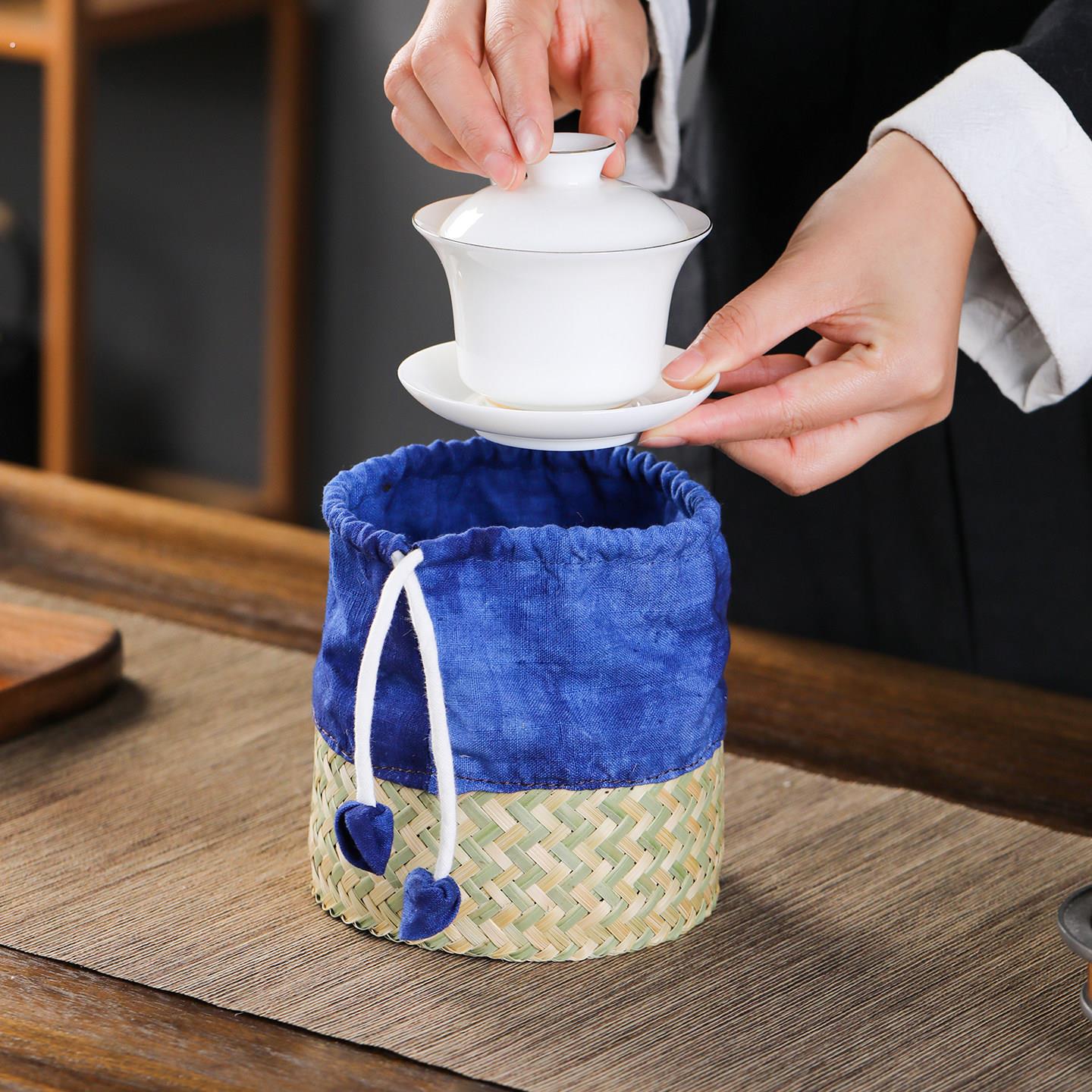 中式杯笼中式手工竹编杯篓主人茶具收纳茶壶笼旅行茶杯笼布袋子