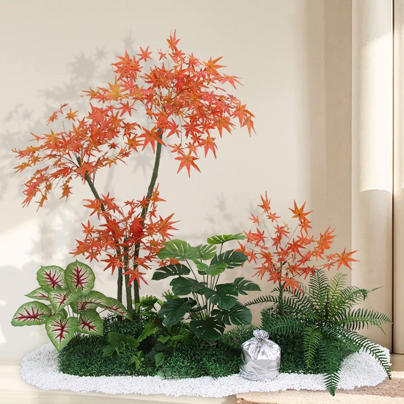 高品质假花仿真绿植造景客厅摆件塑料红枫树室内落地盆栽组合景观