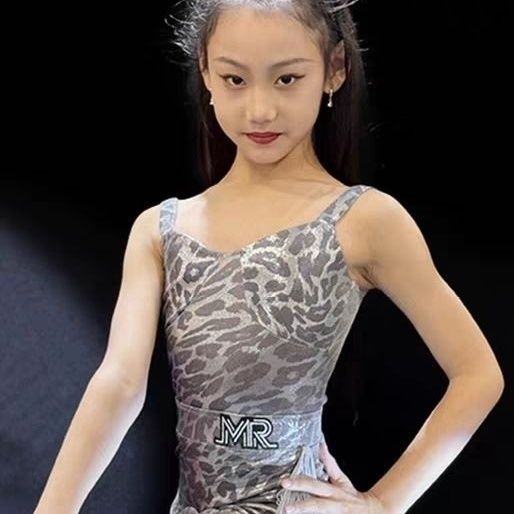 MR舞服FZS旗下少儿拉丁舞悠悠豹纹流苏分体练功服蓝银灰色