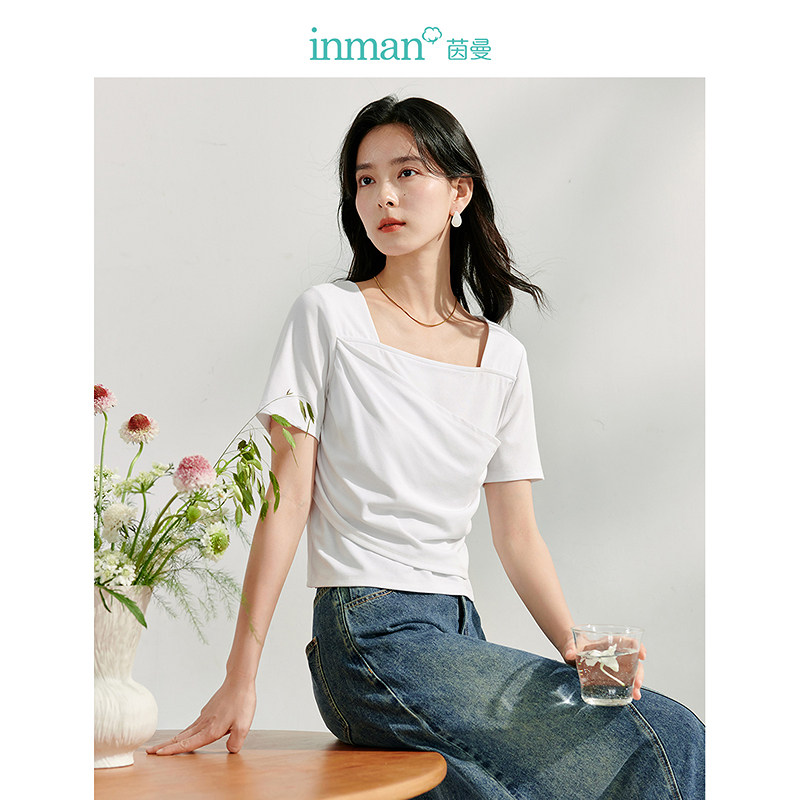茵曼法式方领显瘦短袖T恤衫女2024年夏季新款设计感上衣W18425104