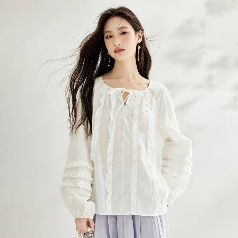 茵曼纯棉法式灯笼袖白衬衣荷叶边拼接时尚气质长袖衬衫F18438312