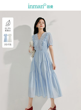 茵曼莱赛尔镂空蕾丝V领连衣裙2025夏季女装新款木耳边短袖裙子