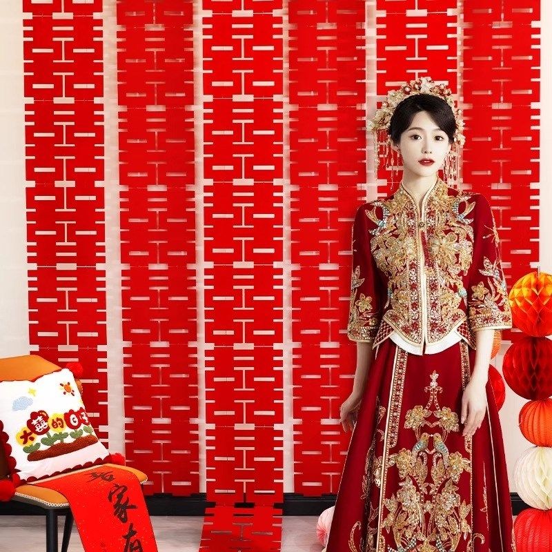 大红色喜字结婚订婚拍照专用婚房布置套装拉花挂饰婚礼帆布条摆件