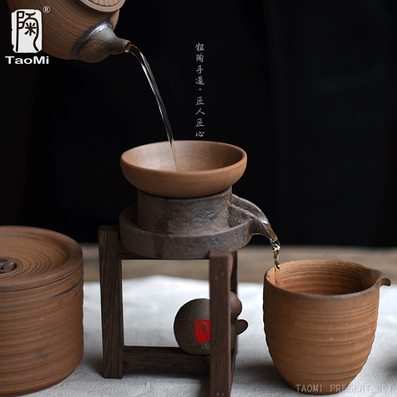 陶迷粗陶自动茶漏网石磨 鸡翅木陶瓷茶隔复古茶滤茶叶过滤器茶具