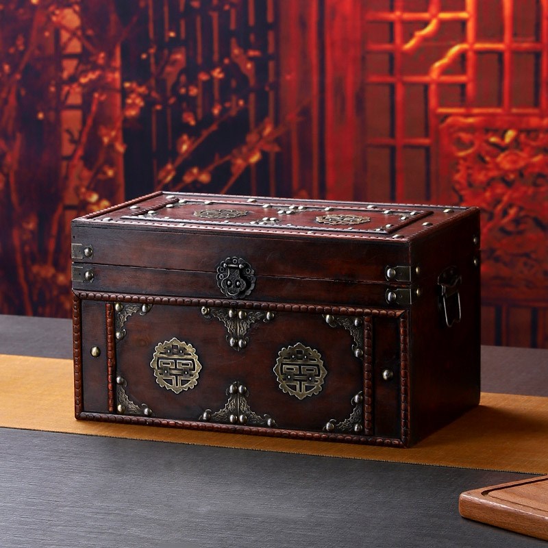 仿古老式木箱子喜字婚嫁箱长方形复古家用储物箱带锁收纳箱百宝箱