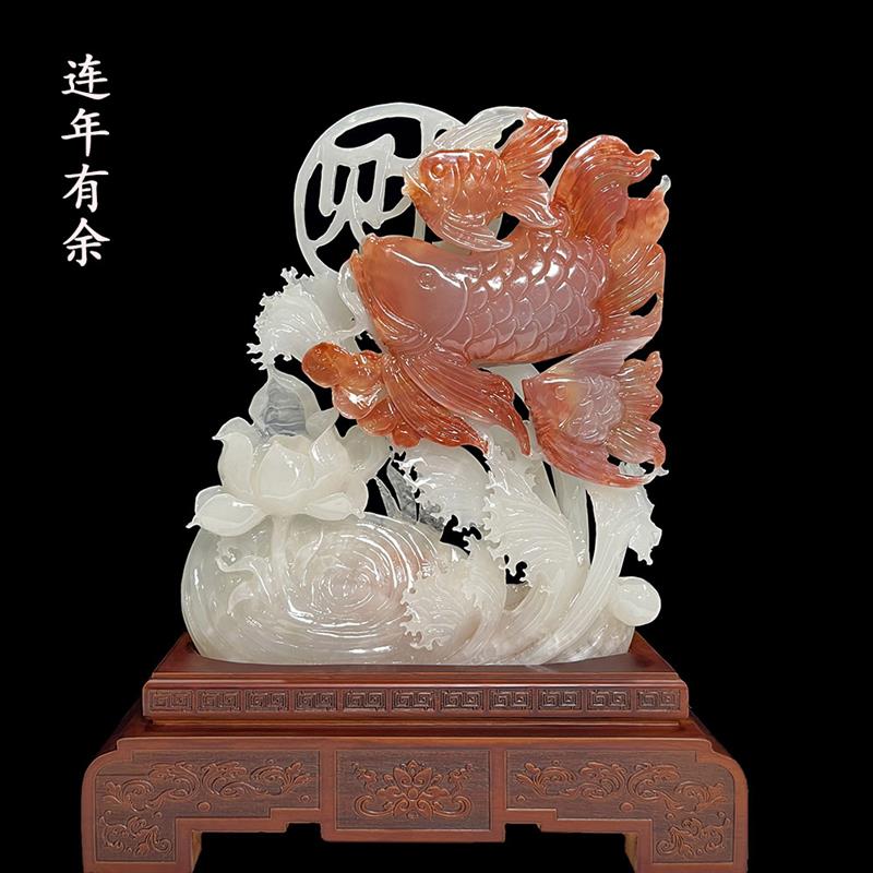 玉石招财年年有鱼摆件客厅办公室电视酒柜装饰工艺品高档公司开业
