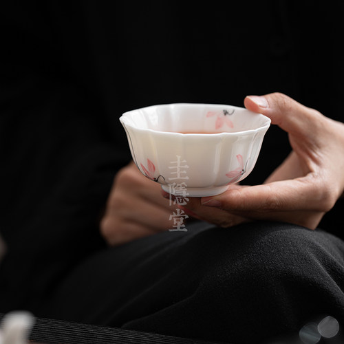 圭隐堂羊脂玉瓷手绘粉兰花陶瓷功夫茶杯家用主人杯喝茶单杯品茗杯