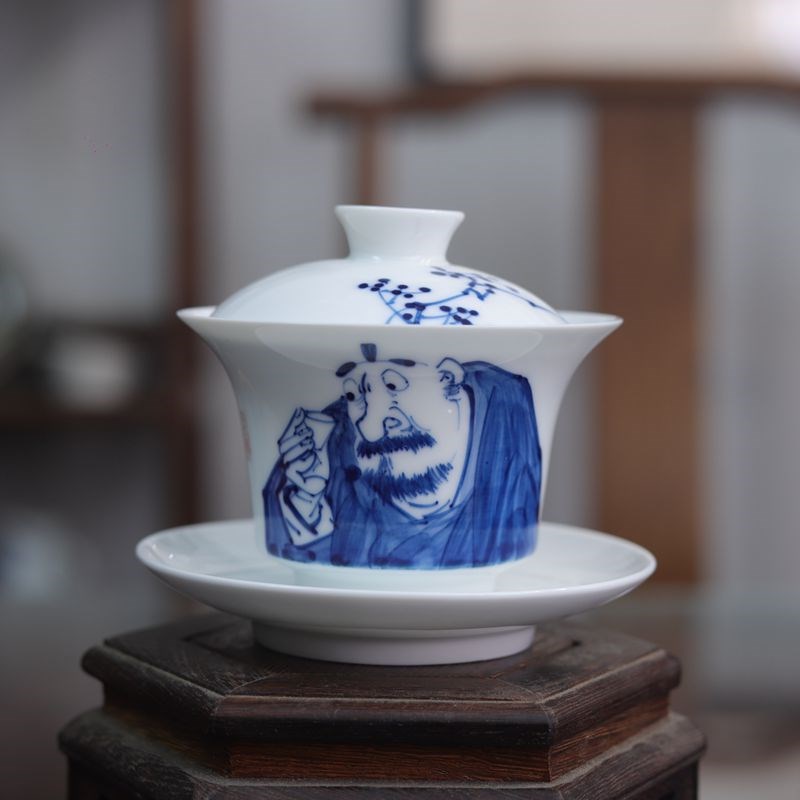 九希堂陈胜波釉下青花瓷人物画三才盖碗写意钟馗文人画泡茶碗马蹄