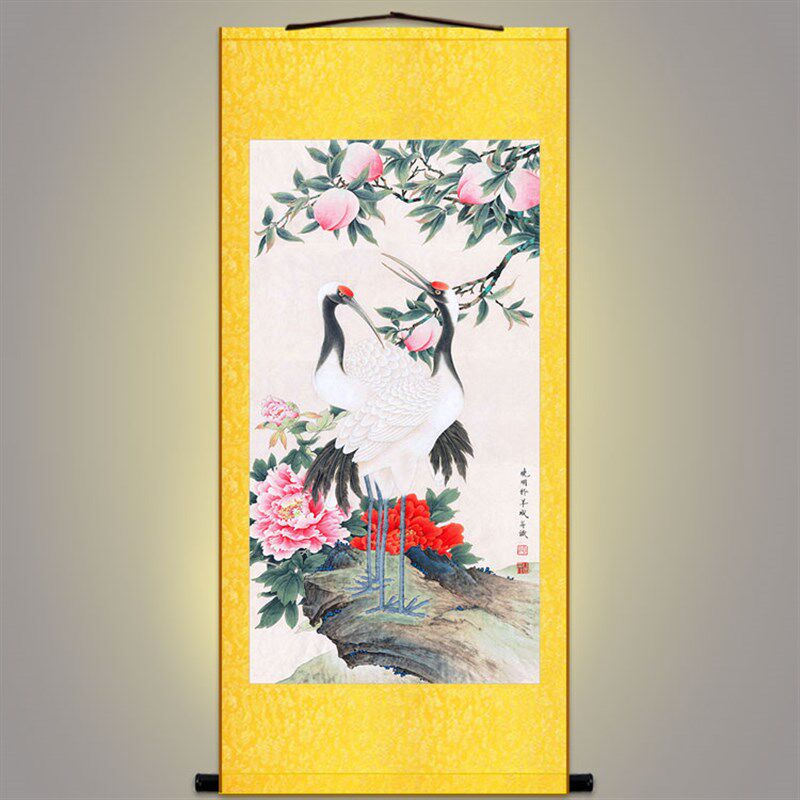 寿桃仙鹤图卷轴挂画 贺寿祝寿礼品 中式玄关客厅装饰画丝绸画定制