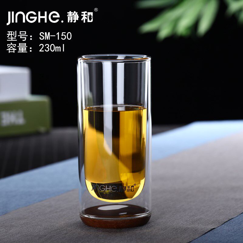 静和绿茶杯双层耐热玻璃杯隔热不烫手水杯高硼硅玻璃泡茶杯木底杯