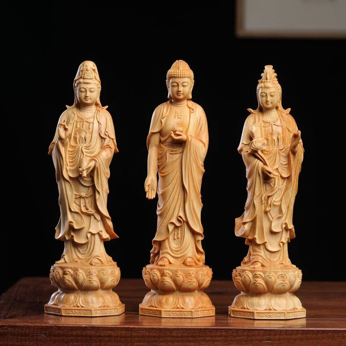 崖柏黄杨木雕西方三圣阿弥陀佛大势菩萨观世音客厅摆件工艺品