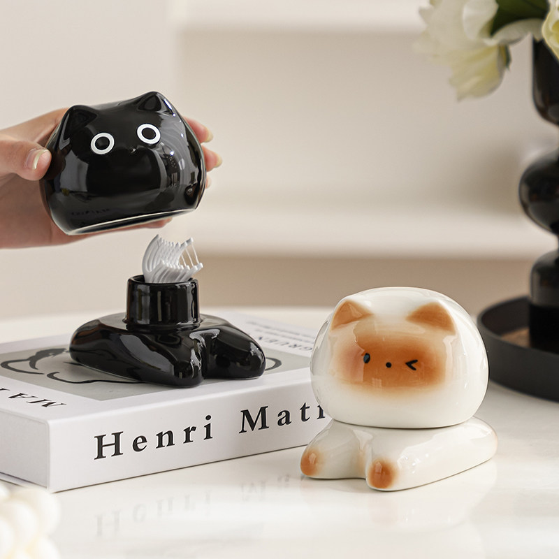 云朵趴趴猫陶瓷牙签盒家用可爱牙签筒创意牙线棉签盒收纳罐摆件,收纳整理,牙签盒,淘宝优惠券,粉丝福利购,淘宝优惠卷