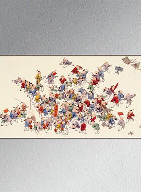 百子图挂画横板纳福百子迎福好运玄关客厅装饰画办公室卷轴壁画
