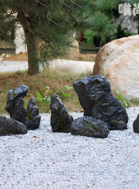 黑山石异形原石假山水池草坪围边景观石头日式枯山水黑石装饰摆件