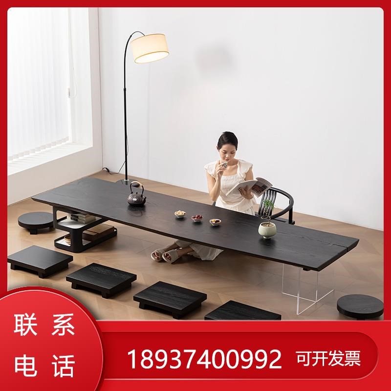 实木榻榻米茶桌黑色日式桌组合茶几办公茶道客厅碳化风大板桌矮桌