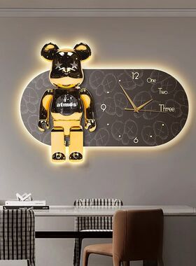 LED发光静音钟表餐厅挂钟灯画暴力熊客厅装饰画2024新款卧室壁灯