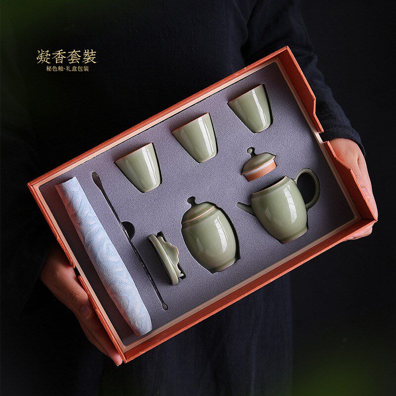 秘色瓷一壶三杯茶具套组陶瓷茶壶茶叶罐整套家用泡茶壶功夫茶具