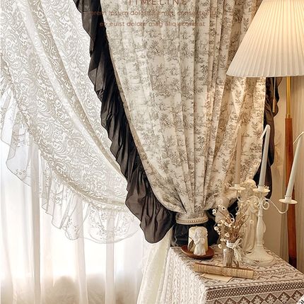 法式浪漫复古洛可可宫廷风花边棉麻印花窗帘遮光卧室落地窗飘窗