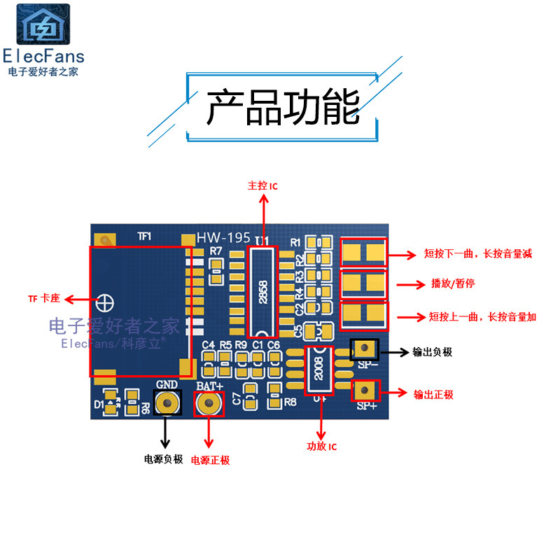 TF卡 MP3解码板模块 3.7V-5V供电 带2W混合单声道记忆功放播放器