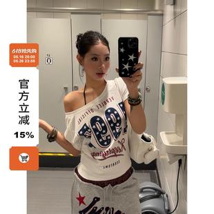 F383 设计感显瘦上衣女ins 2025美式 复古星星印花斜肩休闲辣妹短袖