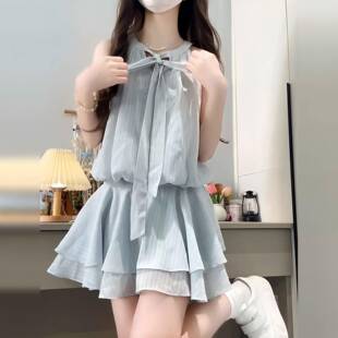 挂脖连衣裙子女气质海边度假a字蛋糕短裙 夏季 2025年新款 法式 无袖