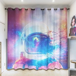 奇幻冒险宇航员卡通人物粗麻卧室客厅挂钩学生寝室全遮光打孔窗帘