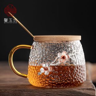 锤纹玻璃杯带把手家用水杯子喝茶杯咖啡杯带盖带勺早餐杯 耐热日式