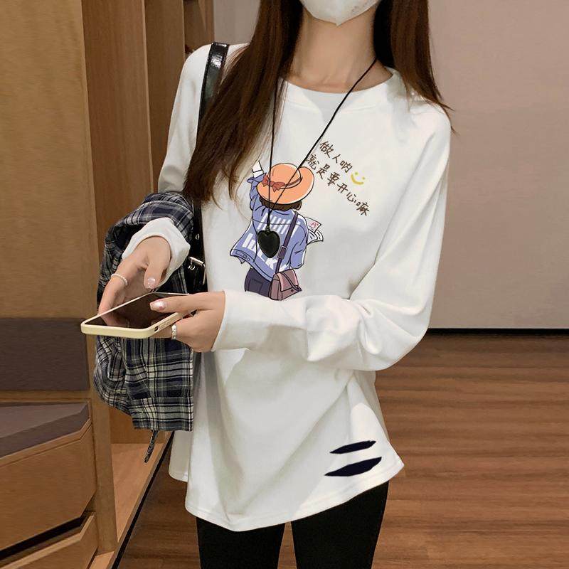 纯棉白色长袖t恤大码宽松春秋冬季中长款打底衫女内搭遮屁股上衣