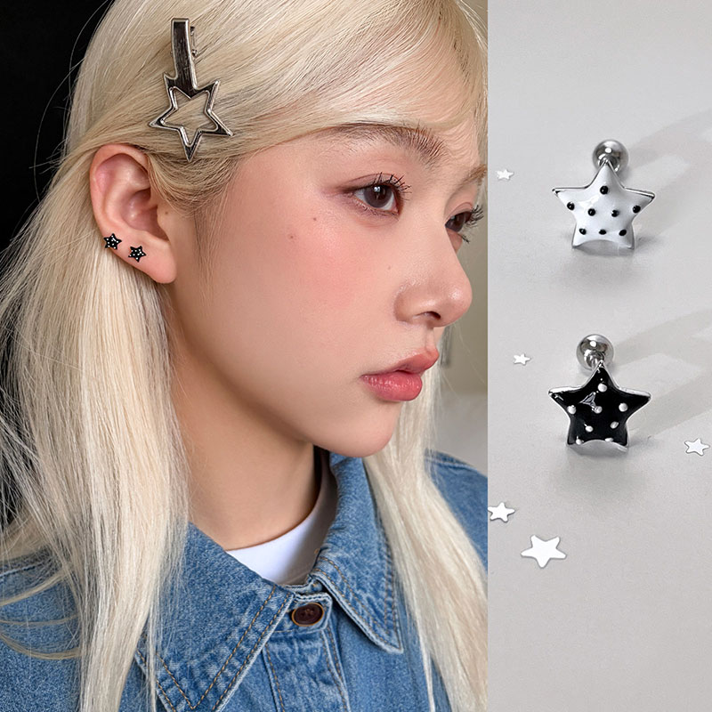 不对称波点星星耳钉女螺纹