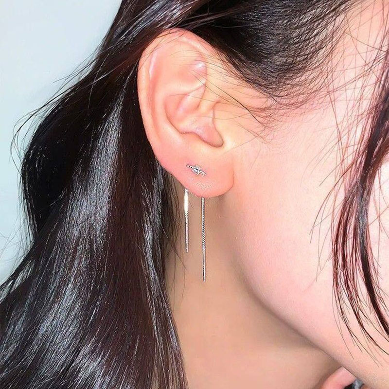 银色锆石双耳洞流苏耳线女款
