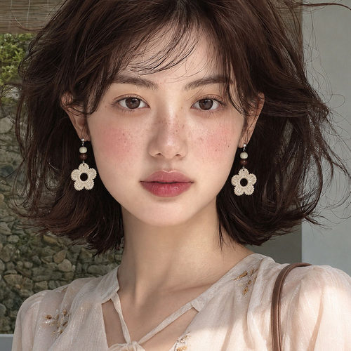 波西米亚花朵藤编串珠耳环