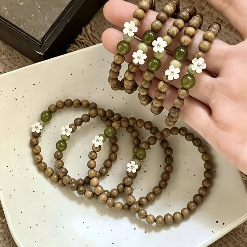 仿檀木禅意串珠花朵手链女