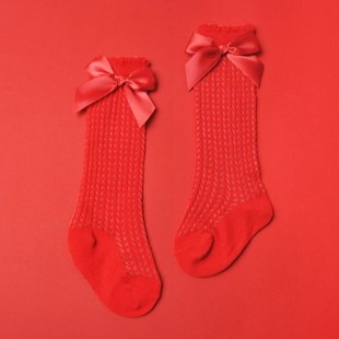 女宝宝红色喜庆网眼中筒袜蝴蝶结婴儿薄款 袜子配周岁百天礼服抓周