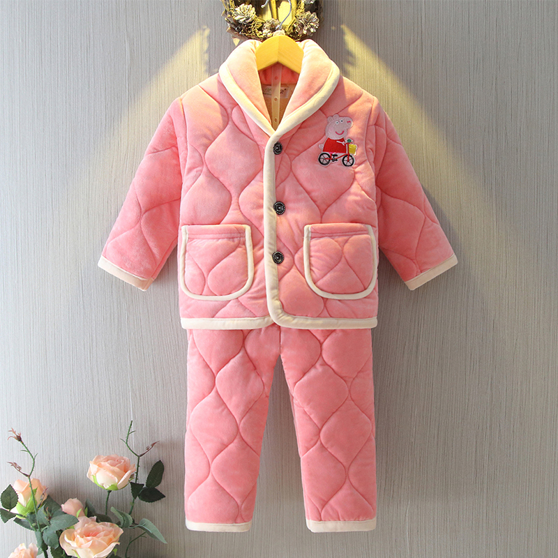儿童睡衣男女童冬季加厚法兰绒三层夹棉套装珊瑚绒小孩宝宝家居服