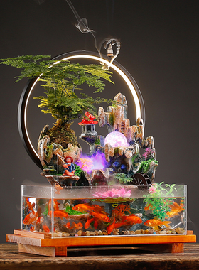 中式招财循环流水生财摆件家居客厅小型鱼缸桌面景观装饰开业礼品