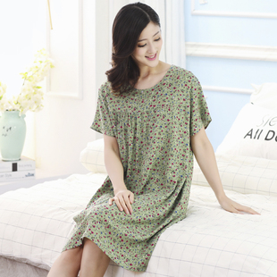 棉绸人造纯棉短袖 中年连衣裙绵绸睡衣 睡裙女夏妈妈长裙宽松中长款