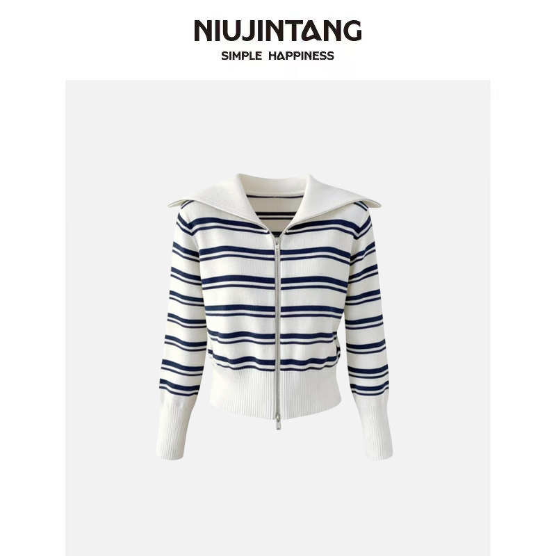 【NJT】2025秋冬时尚休闲条纹撞色+纯色长袖针织双拉链开衫MJ061