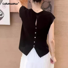 lulu owow后背镂空短袖针织t恤女士2025夏季新款时尚气质冰丝上衣